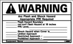 NMC - Accident Prevention Label, Header: WARNING - Legend: Warning - Arc Flash and Shock Hazard - Appropriate PPE Required, English, Black & Orange, 5" Long x 3" High, Sign Muscle Finish - Industrial Tool & Supply