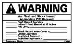 NMC - Accident Prevention Label, Header: WARNING - Legend: Warning - Arc Flash and Shock Hazard - Appropriate PPE Required, English, Black & Orange, 5" Long x 3" High, Sign Muscle Finish - Industrial Tool & Supply