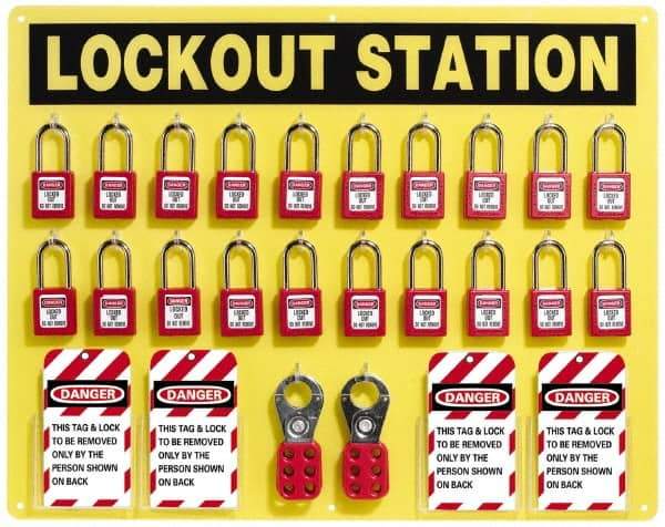 NMC - Equipped Acrylic Tag and Padlock / Hasp Station - 24 Inch Wide x 19 Inch High, Black on Yellow - Industrial Tool & Supply