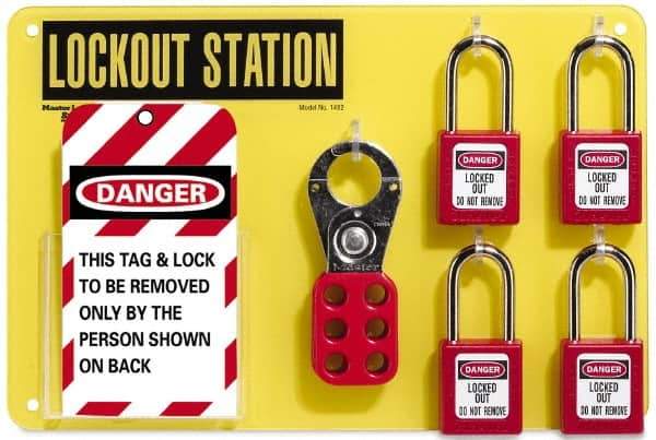 NMC - Equipped Acrylic Tag and Padlock / Hasp Station - 12 Inch Wide x 8 Inch High, Black on Yellow - Industrial Tool & Supply