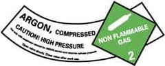 NMC - Hazardous Materials Label - Legend: Argon - Compressed - Caution! - High Pressure - Non Flammable - Gas 2, English, Green, Black & White, 5-1/4" Long x 2" High, Sign Muscle Finish - Industrial Tool & Supply