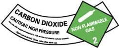 NMC - Hazardous Materials Label - Legend: Carbon Dioxide - Caution! - High Pressure - Non Flammable - Gas 2, English, Green, Black & White, 5-1/4" Long x 2" High, Sign Muscle Finish - Industrial Tool & Supply