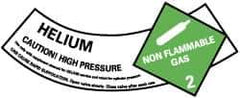 NMC - Hazardous Materials Label - Legend: Helium - Caution! High Pressure - Non Flammable Gas - 2, English, Green, Black & White, 5-1/4" Long x 2" High, Sign Muscle Finish - Industrial Tool & Supply