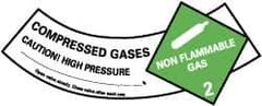 NMC - Hazardous Materials Label - Legend: Compressed Gases - Caution! - High Pressure - Non Flammable - Gas 2, English, Green, Black & White, 5-1/4" Long x 2" High, Sign Muscle Finish - Industrial Tool & Supply