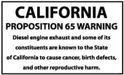 NMC - Hazardous Materials Label - Legend: California Proposition 65 - Warning - Diesel Engine Exhaust and Some of Its Constituents Are Known to the State of..., English, Black & White, 5" Long x 3" High, Sign Muscle Finish - Industrial Tool & Supply