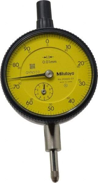 Mitutoyo - 10mm Range, 0-100 Dial Reading, 0.01mm Graduation Dial Drop Indicator - 2-3/16" Dial, 1mm Range per Revolution, 0.013mm Accuracy, Revolution Counter - Industrial Tool & Supply