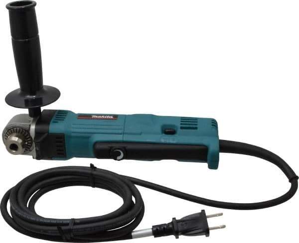 Makita - 3/8" Keyed Chuck, 2,400 RPM, Angled Handle Electric Drill - 4 Amps, 115 Volts, Reversible, Includes Chuck Key, Drill Chuck, Key Holder, Side Handle - Industrial Tool & Supply