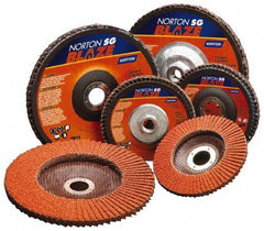 Norton - 40 Grit, 7" Disc Diam, 5/8-11 Center Hole, Type 27 Ceramic Flap Disc - Plastic Backing, Arbor Attaching System, Coated - Industrial Tool & Supply