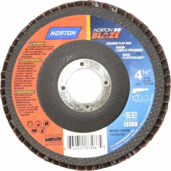 Norton - 36 Grit, 4-1/2" Disc Diam, 7/8" Center Hole, Type 29 Ceramic Flap Disc - 13,000 Max RPM, Fiberglass Backing, Arbor Attaching System, Coated - Industrial Tool & Supply
