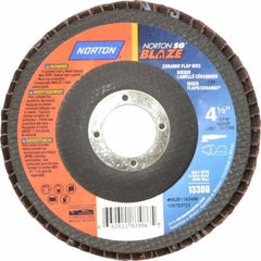 Norton - 36 Grit, 4-1/2" Disc Diam, 7/8" Center Hole, Type 29 Ceramic Flap Disc - 13,000 Max RPM, Fiberglass Backing, Arbor Attaching System, Coated - Industrial Tool & Supply