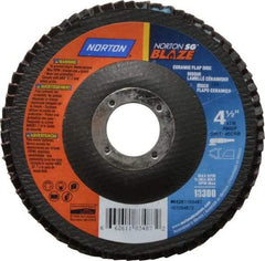Norton - 40 Grit, 4-1/2" Disc Diam, 7/8" Center Hole, Type 29 Ceramic Flap Disc - 13,000 Max RPM, Fiberglass Backing, Arbor Attaching System, Coated - Industrial Tool & Supply