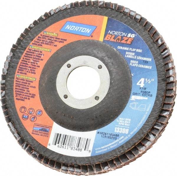 Norton - 60 Grit, 4-1/2" Disc Diam, 7/8" Center Hole, Type 29 Ceramic Flap Disc - 13,000 Max RPM, Fiberglass Backing, Arbor Attaching System, Coated - Industrial Tool & Supply