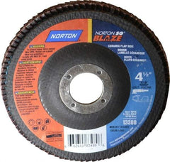 Norton - 80 Grit, 4-1/2" Disc Diam, 7/8" Center Hole, Type 29 Ceramic Flap Disc - 13,000 Max RPM, Fiberglass Backing, Arbor Attaching System, Coated - Industrial Tool & Supply