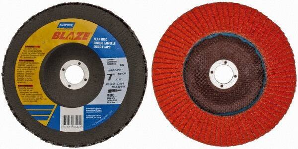 Norton - 36 Grit, 7" Disc Diam, 7/8" Center Hole, Type 29 Ceramic Flap Disc - 8,500 Max RPM, Fiberglass Backing, Arbor Attaching System, Coated - Industrial Tool & Supply