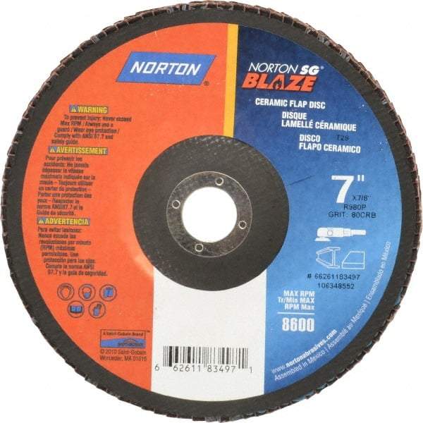 Norton - 80 Grit, 7" Disc Diam, 7/8" Center Hole, Type 29 Ceramic Flap Disc - 8,500 Max RPM, Fiberglass Backing, Arbor Attaching System, Coated - Industrial Tool & Supply