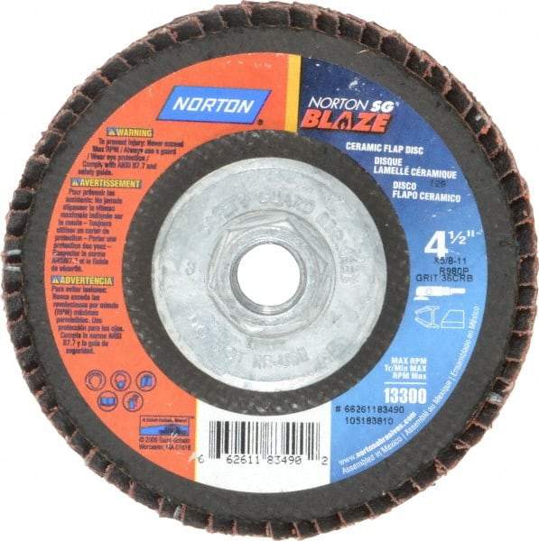 Norton - 36 Grit, 4-1/2" Disc Diam, 5/8-11 Center Hole, Type 29 Ceramic Flap Disc - 13,000 Max RPM, Fiberglass Backing, Arbor Attaching System, Coated - Industrial Tool & Supply