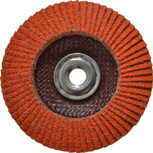 Norton - 40 Grit, 4-1/2" Disc Diam, 5/8-11 Center Hole, Type 29 Ceramic Flap Disc - 13,000 Max RPM, Fiberglass Backing, Arbor Attaching System, Coated - Industrial Tool & Supply