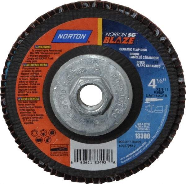 Norton - 60 Grit, 4-1/2" Disc Diam, 5/8-11 Center Hole, Type 29 Ceramic Flap Disc - 13,000 Max RPM, Fiberglass Backing, Arbor Attaching System, Coated - Industrial Tool & Supply