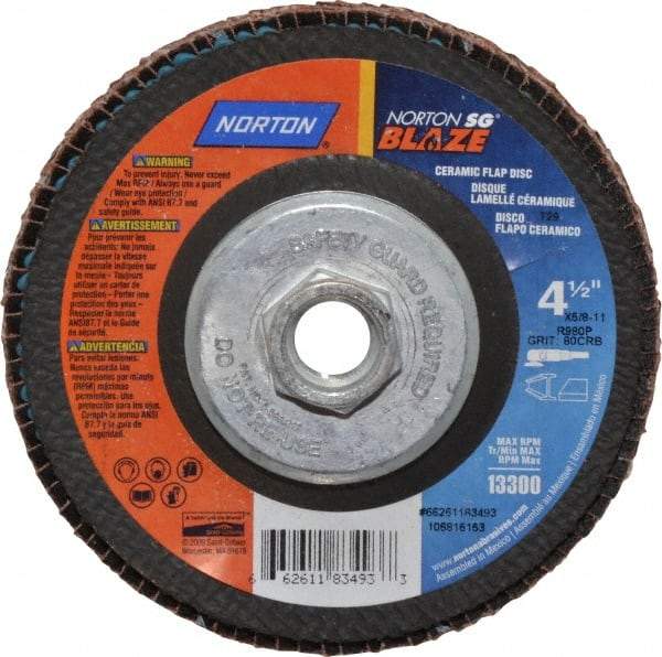 Norton - 80 Grit, 4-1/2" Disc Diam, 5/8-11 Center Hole, Type 29 Ceramic Flap Disc - 13,000 Max RPM, Fiberglass Backing, Arbor Attaching System, Coated - Industrial Tool & Supply