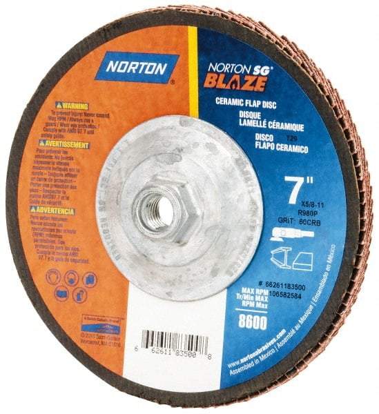 Norton - 60 Grit, 7" Disc Diam, 5/8-11 Center Hole, Type 29 Ceramic Flap Disc - 8,500 Max RPM, Fiberglass Backing, Arbor Attaching System, Coated - Industrial Tool & Supply
