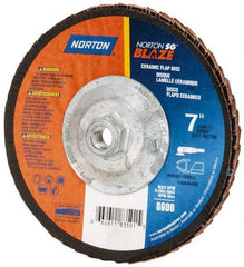 Norton - 80 Grit, 7" Disc Diam, 5/8-11 Center Hole, Type 29 Ceramic Flap Disc - 8,500 Max RPM, Fiberglass Backing, Arbor Attaching System, Coated - Industrial Tool & Supply