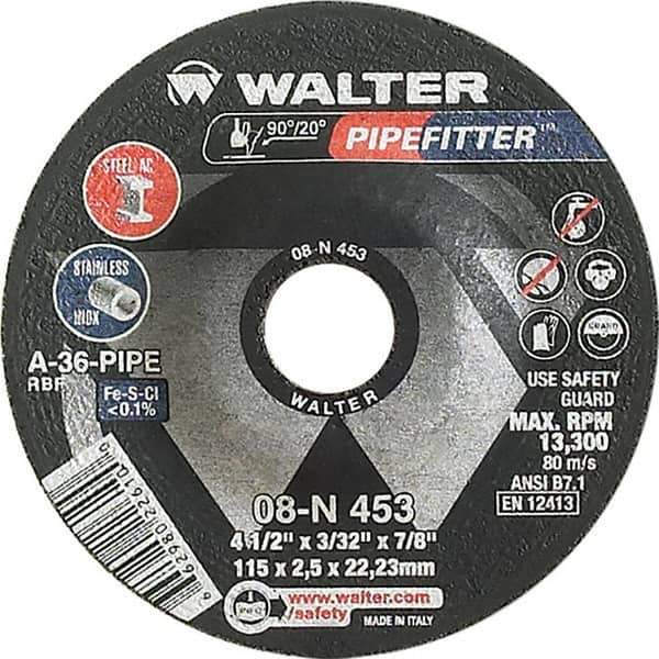 WALTER Surface Technologies - 36 Grit, 4-1/2" Wheel Diam, 3/32" Wheel Thickness, 7/8" Arbor Hole, Type 27 Depressed Center Wheel - Aluminum Oxide/Silicon Carbide Blend, Resinoid Bond, 13,300 Max RPM - Industrial Tool & Supply