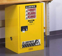 Justrite - 1 Door, 1 Shelf, Yellow Steel Space Saver Safety Cabinet for Flammable and Combustible Liquids - 35" High x 23-1/4" Wide x 18" Deep, Self Closing Door, 12 Gal Capacity - Industrial Tool & Supply