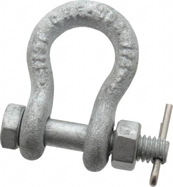 Made in USA - 1/4" Nominal Chain Size, 0.5 Ton Carbon Steel Bolt Anchor Shackle - 1/4" Diam, 5/16" Pin Diam, 1-1/8" High Inside Jaw, 3/4" Inside Width, 5/16" Max Body Thickness - Industrial Tool & Supply