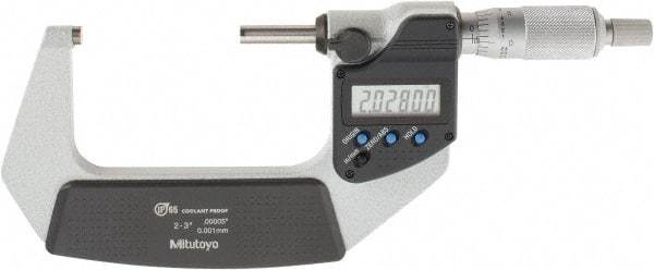 Mitutoyo - 2 to 3 Inch Range, 0.0001 Inch Resolution, Standard Throat, IP65 Electronic Outside Micrometer - 0.0001 Inch Accuracy, Ratchet Stop Thimble, Carbide Face, SR44 Battery, Includes Plastic Case - Industrial Tool & Supply