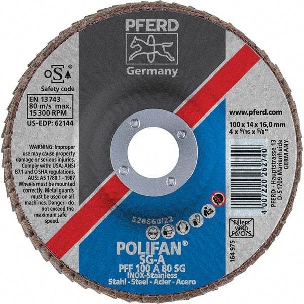 PFERD - 80 Grit, 4" Disc Diam, 5/8" Center Hole, Type 27 Aluminum Oxide Flap Disc - 15,300 Max RPM, Fiberglass Backing, Arbor Attaching System, Coated - Industrial Tool & Supply