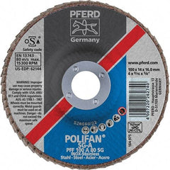 PFERD - 80 Grit, 4" Disc Diam, 5/8" Center Hole, Type 27 Aluminum Oxide Flap Disc - 15,300 Max RPM, Fiberglass Backing, Arbor Attaching System, Coated - Industrial Tool & Supply