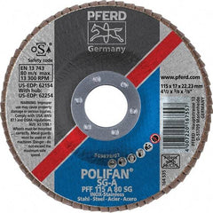 PFERD - 80 Grit, 4-1/2" Disc Diam, 7/8" Center Hole, Type 27 Aluminum Oxide Flap Disc - 13,300 Max RPM, Fiberglass Backing, Arbor Attaching System, Coated - Industrial Tool & Supply