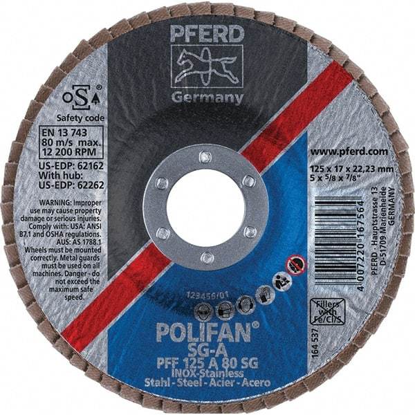 PFERD - 80 Grit, 5" Disc Diam, 7/8" Center Hole, Type 27 Aluminum Oxide Flap Disc - 12,200 Max RPM, Fiberglass Backing, Arbor Attaching System, Coated - Industrial Tool & Supply