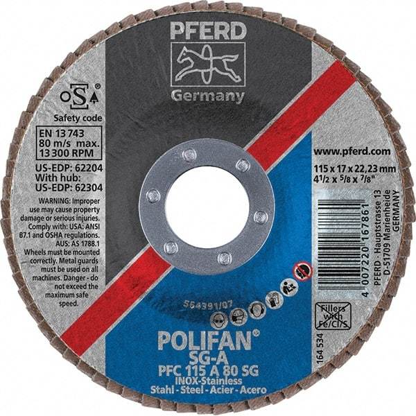 PFERD - 80 Grit, 4-1/2" Disc Diam, 7/8" Center Hole, Type 29 Aluminum Oxide Flap Disc - 13,300 Max RPM, Fiberglass Backing, Arbor Attaching System, Coated - Industrial Tool & Supply