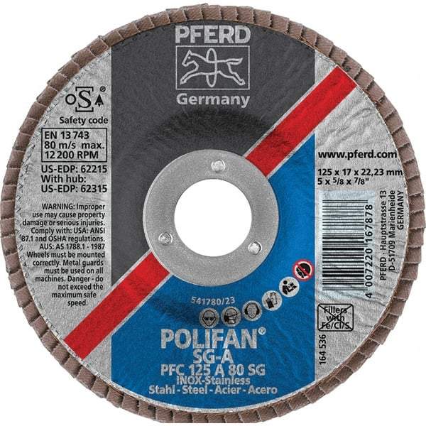 PFERD - 80 Grit, 5" Disc Diam, 7/8" Center Hole, Type 29 Aluminum Oxide Flap Disc - 12,200 Max RPM, Fiberglass Backing, Arbor Attaching System, Coated - Industrial Tool & Supply