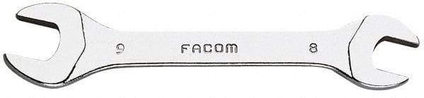 Facom - 8mm x 9mm Stubby Open End Wrench - 3-1/2" OAL, Double End, Satin Finish, 15° Head Angle - Industrial Tool & Supply