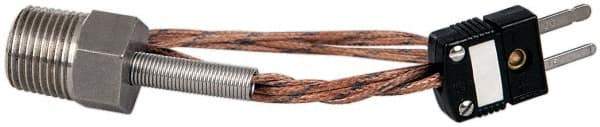 Thermo Electric - 0 to 221°F, J Pipe Plug, Thermocouple Probe - 5 Ft. Cable Length, Mini Connector, 10 Sec Response Time - Industrial Tool & Supply