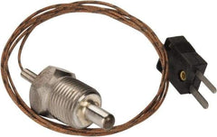 Thermo Electric - 0 to 900°F, J Pipe Plug, Thermocouple Probe - 5 Ft. Cable Length, Mini Connector, 1/2 Inch Probe Sheath Length, 6 Sec Response Time - Industrial Tool & Supply
