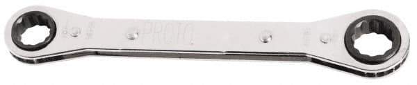 Proto - 9mm x 10mm 6 Point Reversible Ratcheting Offset Box Wrench - Double End, 25/32" Head Diam x 3/8" Head Thickness, 5-3/16" OAL, Steel, Chrome Finish, 25° Offset - Industrial Tool & Supply