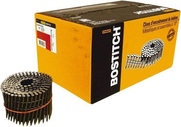 Stanley Bostitch - 11 Gauge 0.131" Shank Diam 3-1/4" Long Framing Nails for Power Nailers - Steel, Yellow Zinc Finish, Smooth Shank, Coil Wire Collation, Round Head, Diamond Point - Industrial Tool & Supply