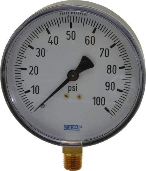 Wika - 4" Dial, 1/4 Thread, 0-100 Scale Range, Pressure Gauge - Lower Connection Mount, Accurate to 3-2-3% of Scale - Industrial Tool & Supply