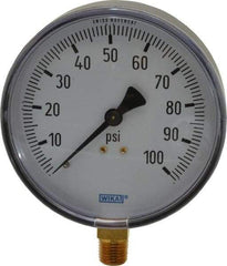 Wika - 4" Dial, 1/4 Thread, 0-100 Scale Range, Pressure Gauge - Lower Connection Mount, Accurate to 3-2-3% of Scale - Industrial Tool & Supply