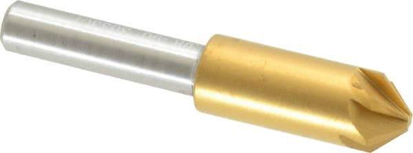 Melin Tool - 3/8" Head Diam, 1/4" Shank Diam, 6 Flute 90° Cobalt Countersink - TiN Finish, 2" OAL, Single End, Straight Shank, Right Hand Cut - Industrial Tool & Supply