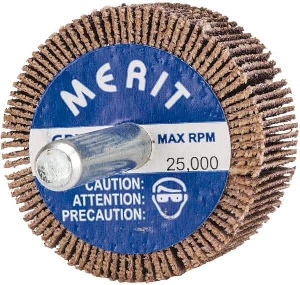 Merit Abrasives - 1-1/2" Diam x 3/4" Face Width, Medium Ceramic Alumina Coated Mounted Flap Wheel - 1/4" Shank Mount, 80 Grit, 30,000 Max RPM - Industrial Tool & Supply