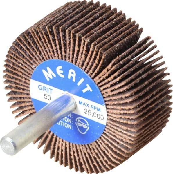Merit Abrasives - 2" Diam x 3/4" Face Width, Coarse Ceramic Alumina Coated Mounted Flap Wheel - 1/4" Shank Mount, 50 Grit, 30,000 Max RPM - Industrial Tool & Supply