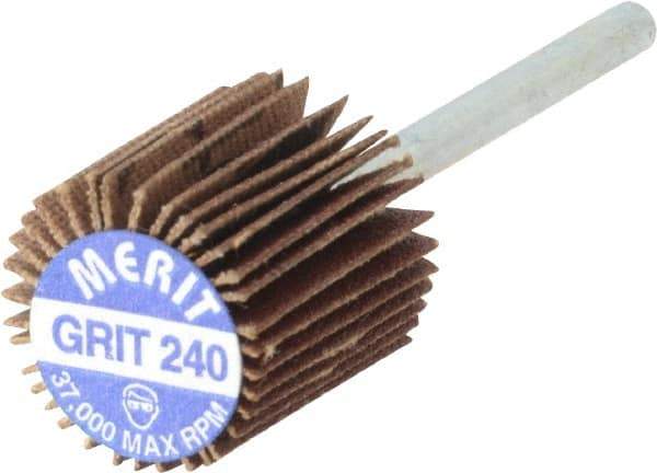 Merit Abrasives - 5/8" Diam x 5/8" Face Width, Very Fine Aluminum Oxide Coated Mounted Flap Wheel - 1/8" Shank Mount, 240 Grit, Cloth Backing, 37,000 Max RPM - Industrial Tool & Supply