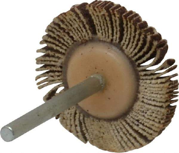 Merit Abrasives - 1-3/16" Diam x 1/8" Face Width, Fine Aluminum Oxide Coated Mounted Flap Wheel - 1/8" Shank Mount, 120 Grit, Cloth Backing, 30,000 Max RPM - Industrial Tool & Supply