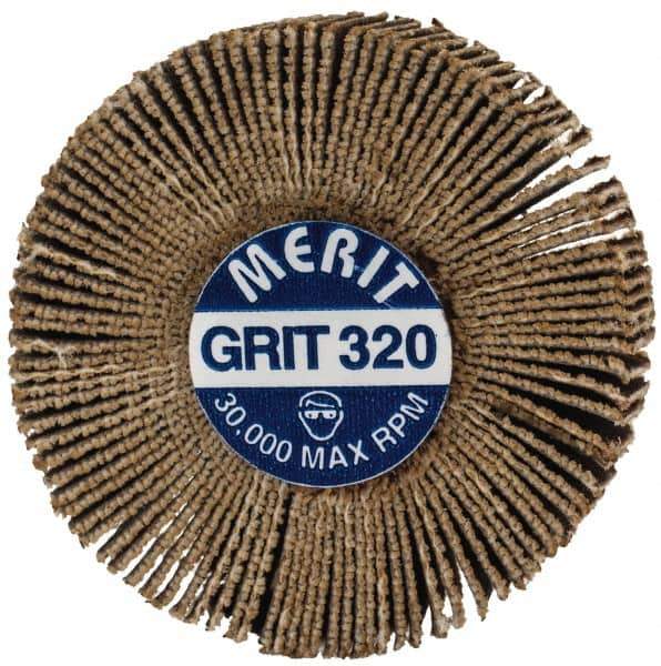Merit Abrasives - 1-3/16" Diam x 3/8" Face Width, Extra Fine Aluminum Oxide Coated Mounted Flap Wheel - 1/8" Shank Mount, 320 Grit, Cloth Backing, 30,000 Max RPM - Industrial Tool & Supply