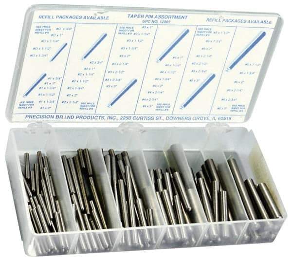 Precision Brand - 100 Piece, #0 to #6" Pin Diam, Taper Pin Assortment - 3/4 to 3" Long, 1215 & 12L14 Steel - Industrial Tool & Supply