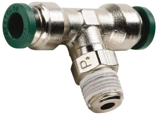 Parker - 1/4" Outside Diam, 1/8 NPTF, Nickel Plated Brass Push-to-Connect Tube Male Swivel Branch Tee - 300 Max psi, Tube to Male NPT Connection, Buna-N O-Ring - Industrial Tool & Supply